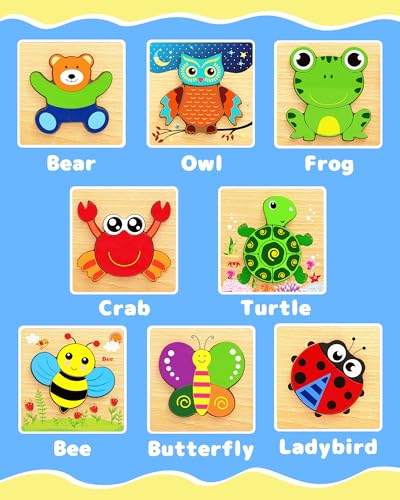 Bekayshad Wooden Puzzles for Toddlers 1-3, Montessori Toys for 1 2 Year Old | Toddler Puzzles, 1 2 Year Old Boy Girl Birthday Gifts, 8 Pack Animal Shape Jigsaw Puzzles, Learning Educational Preschool Toy - color: 8pcs