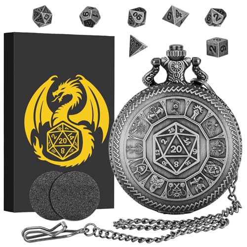 Keller & Weber Mini DND Dice Set, Center Number Dice Pocket Watch Case, 7 Pieces Polyhedral Metal D&D Dice, DND Gift with Gift Box, Role Playing Board Game Accessories, Dark Silver - color: Dark Silver