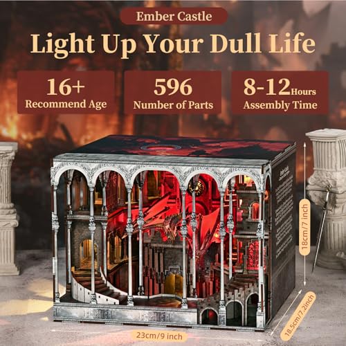 MiniCity Book Nook Kits for Adults - Book Nook Kit Bookshelf Decor DIY Miniature House Kit for Bookshelf - Craft Kits for Adults Booknook Model Kits Tiny House Arts and Crafts (Ember Castle) | 596-piece wood/paper/plastic kit with LED and dust cover; glue