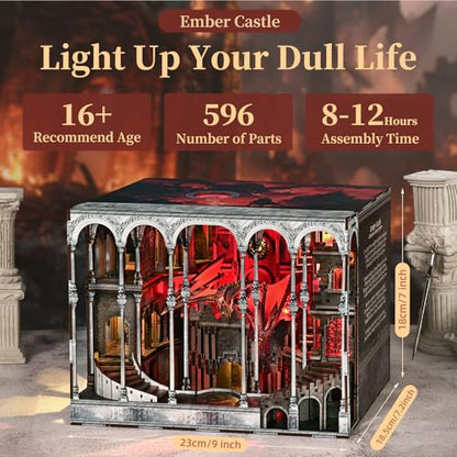 MiniCity Book Nook Kits for Adults - Book Nook Kit Bookshelf Decor DIY Miniature House Kit for Bookshelf - Craft Kits for Adults Booknook Model Kits Tiny House Arts and Crafts (Ember Castle) | 596-piece wood/paper/plastic kit with LED and dust cover; glue