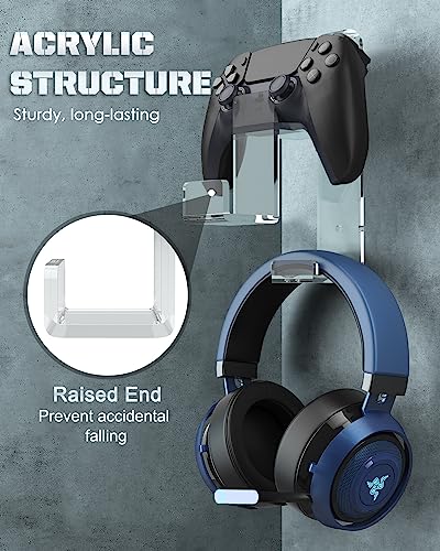 MoKo Controller Wall Mount, Dual Gamepad Headphone Hanger for PS5 Xbox | Holds 2 controllers and one headset, saves desk space, fits PS5 PS4 Xbox Switch Steam Deck and most gamepads - color: Clear
