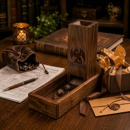 Personalized DND Gift – Custom Wooden Dice Tower with Tray, Engraved RPG Dice Roller, Dungeon Master Gift, Unique Gift for DND Player, Tabletop Gaming Accessory