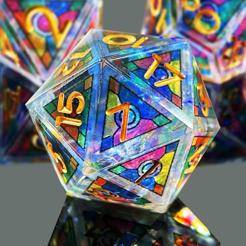 HAOMEJA Double Layered Resin Dice Set 7pcs/ Stained Glass Effect & Gold Numbers/Sharp Edged Polyhedral Dice/Apply to D&D/DND/Role Playing Game/RPG/Party Gift (Rainbow) - color: 3 Rainbow