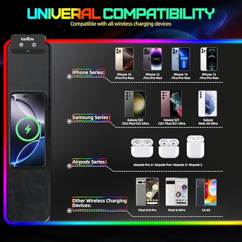 RGB Gaming Mouse Pad with Wireless Charging, Large Desk Mat, 31.5"x11.8" | XXL LED Mousepad, Ultra-Smooth Surface, Non-Slip Rubber Base, Waterproof Computer Keyboard Pad for Gamer, Black - color: Black-rgb+wireles Charging