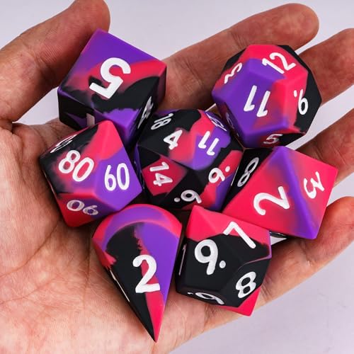 7-Piece Jumbo Silicone DND Dice Set, 25mm Oversized D&D Dice | Round Edges Soft Perfect Bouncer Compatible with Dungeons and Dragons RPG Bar Pub Club Party Games - color: Purple&black&red
