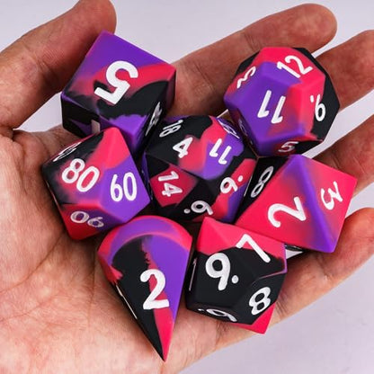 7-Piece Jumbo Silicone DND Dice Set, 25mm Oversized D&D Dice | Round Edges Soft Perfect Bouncer Compatible with Dungeons and Dragons RPG Bar Pub Club Party Games - color: Purple&black&red