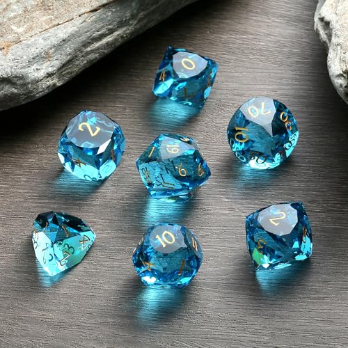 DNDND 7-Piece Glass Dice Set - Multifaceted Blue RPG Dice Set for DND, Tabletop Gaming, Collectors | Premium Gift Box & Durable Design (Blue) - color: Blue