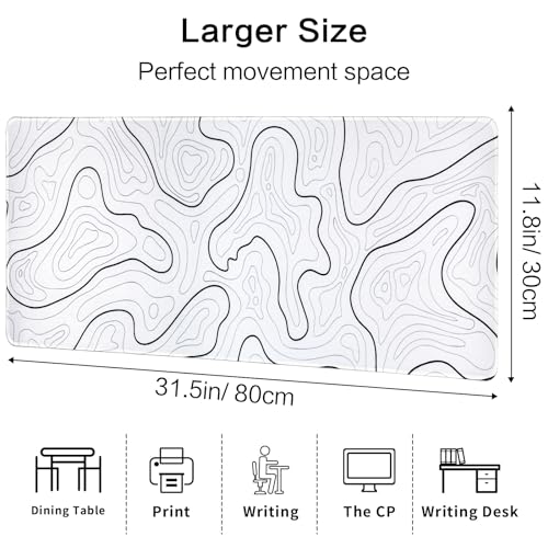 Large Gaming Mouse Pad for Desk, White Topographic Mouse Pad Desk Mat for Gaming Office, Long XL Mouse Pads Keyboard Pad Desk Pad for Computer Laptop 31.5''x11.8'' - color: White