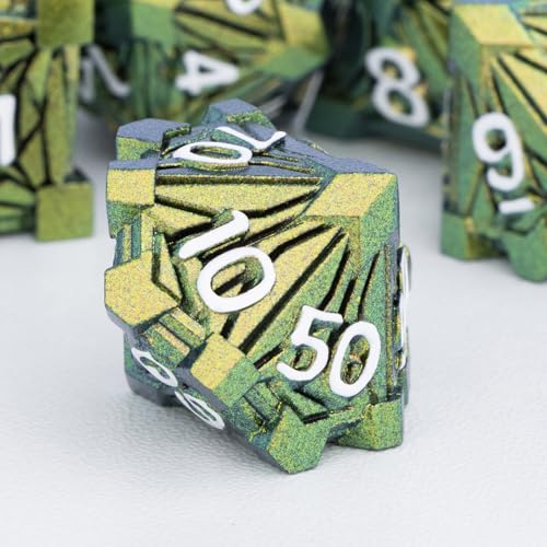 7PCS Metal DND Dice Set with Box, Debris RPG Green Yellow D and D Dice for use with D&D Tabletop Games Role Playing Game Polyhedral Dice Set D20 D12 D10 D8 D6 D4 - color: Green Yellow White