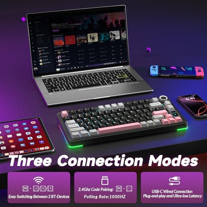 AULA S75 PRO Wireless Mechanical Keyboard with Screen&Knob, 75% Hot Swappable Gaming Keyboard with Pre-lubed Switches, RGB Backlit, PBT Keycaps Creamy Sounding Pc Gaming Keyboards - color: Black&Gray&Pink