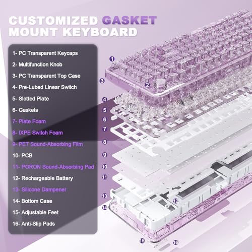 YUNZII X98 Wireless Mechanical Keyboard with Knob (Purple, Crystal Switch) | BT5.0/USB-C/2.4GHz,1800 Layout with Number Pad,Pre-lubed Switches Gasket Mount ,Clear Keyboard with RGB for Wins/Mac/Gaming - color: Purple, size: Crystal Switch