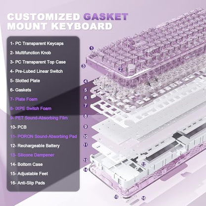 YUNZII X98 Wireless Mechanical Keyboard with Knob (Purple, Crystal Switch) | BT5.0/USB-C/2.4GHz,1800 Layout with Number Pad,Pre-lubed Switches Gasket Mount ,Clear Keyboard with RGB for Wins/Mac/Gaming - color: Purple, size: Crystal Switch