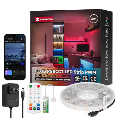 BTF-LIGHTING UL Listed RGBCCT COB LED Strip Light, DC24V 24FT RGB+Tunable White 3000K-6000K Color Changing LED Strip Light, with Remote/Bluetooth Music Controller for Home Party Indoor DIY Lighting - size: 24FT