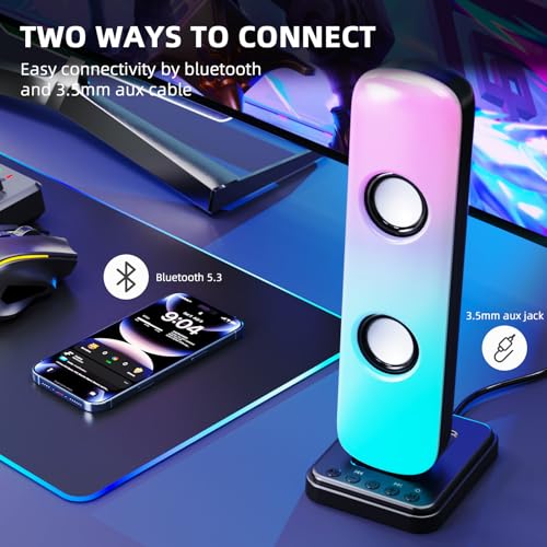 NJSJ Computer Speakers for Desktop, 20W Hi-Fi Stereo Gaming Speakers with Bluetooth & 3.5mm Aux-in Connection, Controllable RGB Lights, AC Adapter Powered PC Speakers for Laptop, Monitors, Phones, TV