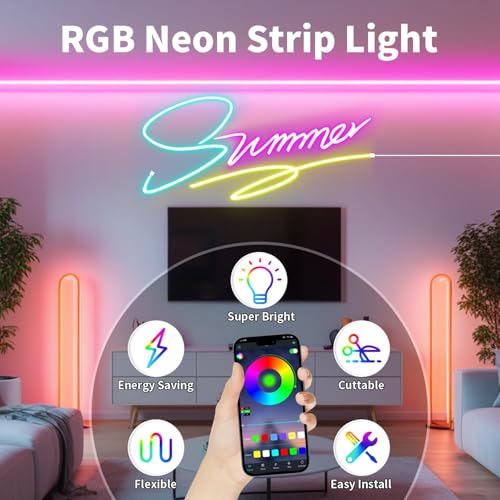 iNextStation RGB Neon LED Strip Lights 16.4FT 12V Flexible LED Rope Lights | IP65 Waterproof Color Changing Neon LED Lights Strip Multiple Modes Control with APP & Remote, Silicone LED Strip for Bedroom
