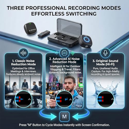 Wireless Lavalier Microphone for iPhone/Android/PC | 60H Battery, 48KHz 24Bit, Plug-Play Lightning/USB-C, 3 Recording Modes, AI Noise Cancellation - size: Mic 2 (2 TX + 1 RX + Charging Case)