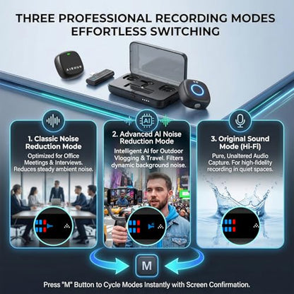 Wireless Lavalier Microphone for iPhone/Android/PC | 60H Battery, 48KHz 24Bit, Plug-Play Lightning/USB-C, 3 Recording Modes, AI Noise Cancellation - size: Mic 2 (2 TX + 1 RX + Charging Case)