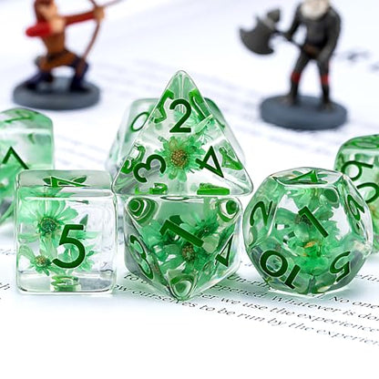 DND Resin Flower Dice Set, D&D Polyhedral Dice for Dungeons and Dragons RPG, MTG Role Playing Games D and D Dice 7pc D20 D12 D10 D8 D6 D4 - color: Green Flowers