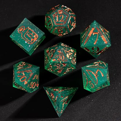 Cusdie 7-Die Sharp Edges DND Dice Set, Ranger Pattern Polyhedral D&D Dice Set for DND TTRPG Role Playing Games(Green w/Rose Gold Ranger Pattern) - color: Green W/Rose Gold Ranger Pattern