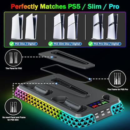 PS5/Slim/Pro Cooling Station for PlayStation 5 Console, PS 5 Cooling & Charging Station with RGB, PS 5 Controller Charger Incl. 3 Level Fan,Headset, PS5/Slim/Pro Accessories Comes 3 USB Ports - color: Y Style-Black