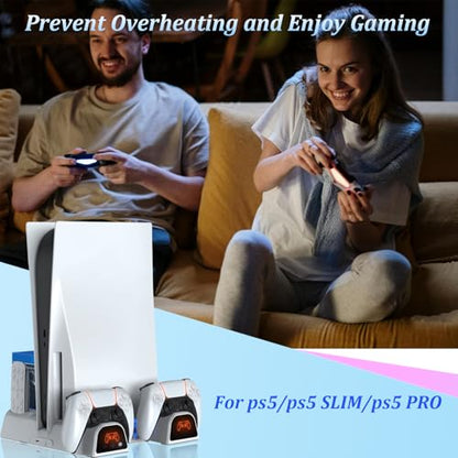 Cooling Station for PS5/Slim/Pro/Disc&Digital | Cooling Stand with Dual PS5 Controller Charging Station, 3 Levels Cooling Fan Multi-Function PS5 Accessories Slot and USB Hub - color: White 2