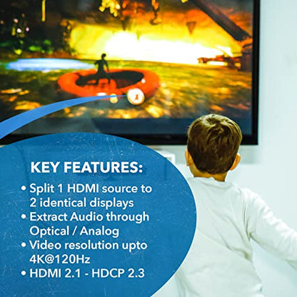 OREI 8K HDMI Splitter 1 X 2, Duplicate with Audio Extractor UltraHD Supports Upto 4K @ 120Hz IR EDID HDCP 2.3 - (BK-102A) (1x2 - Audio Out) | OREI 8K HDMI Splitter 1x2, Duplicate with Audio Extractor (1x2 - Audio Out) - Up to 4K@120Hz, IR, EDID, HDCP 2.3