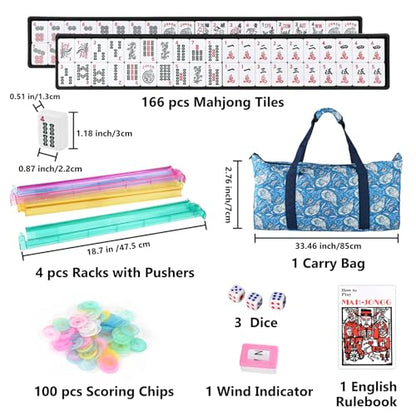 Goldge American Mahjong Tile Set – 166 White Tiles | 4 All-in-One Color Racks with Pushers, 3 Dice, Portable Blue Carrying Bag – Complete Mahjong Game Set – Blue - color: Blue