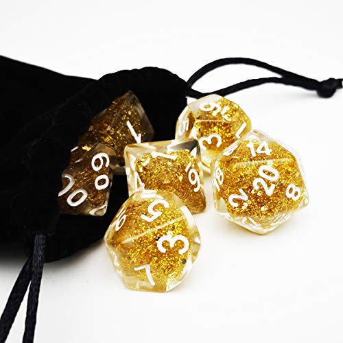 Haxtec Glitter DND Dice Set, 7 Pcs Gold Resin Polyhedral RPG Dice | Role Playing Games Dice with Velvet Pouch, Rounded Edge, Compatible with Dungeons and Dragons, Gifts for D&D Lovers - color: Gold