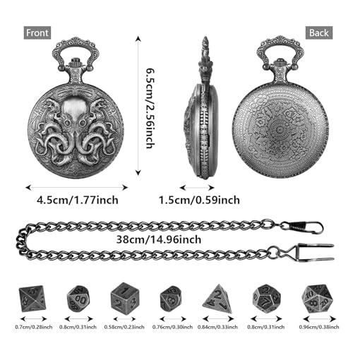 Mini DND Dice Set with Steampunk Double Eyed Octopus Pocket Watch Case, Tiny 7PCS Polyhedral Metal D&D Dice, DND Gifts with Gift Box, Role Playing Game Board Game Accessories Dice, Dark Silver - color: Dark Silver