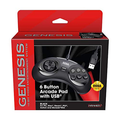 Retro-Bit Official Sega Genesis USB Controller 6-Button Arcade Pad for Sega Genesis Mini, PS3, PC, Mac, Steam, Switch - USB Port - (Black) - color: Black