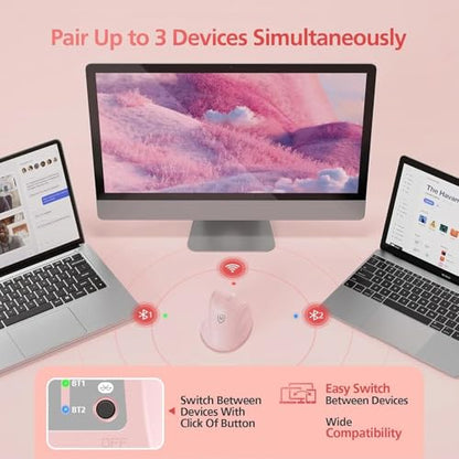 Micropack Wireless Bluetooth Mouse Ergonomic Vertical for Laptop MacBook PC Tablet Rechargeable Silent Click Multi-Device 3-Mode 2.4G Adjustable DPI Compatible with Windows Android iOS MacOS Pink - color: Pink, size: Rechargeable 3-Mode