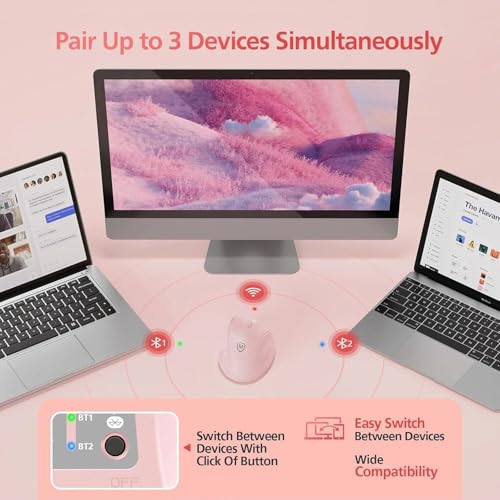 Micropack Wireless Bluetooth Mouse Ergonomic Vertical for Laptop MacBook PC Tablet Rechargeable Silent Click Multi-Device 3-Mode 2.4G Adjustable DPI Compatible with Windows Android iOS MacOS Pink - color: Pink, size: Rechargeable 3-Mode