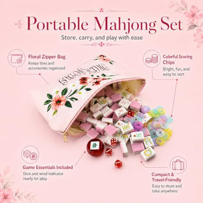 Pink American Mahjong Set, 160 Pink-Back Mah Jongg Tiles, Compact 1.2 x 0.8 x 0.5 in Mahjong Tile Set with Fruit & Floral Designs, Dice, Scoring Chips, Dealer Marker, Rule Cards & Floral Storage Bag