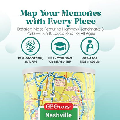 Geotoys Nashville Mini City Puzzle - 100 Piece Puzzles for Kids and Adults in Portable Can, 13" x 10" Educational Travel Puzzle for Ages 7 and Up - Mini Puzzles to Learn & Explore Geography - style: Nashville
