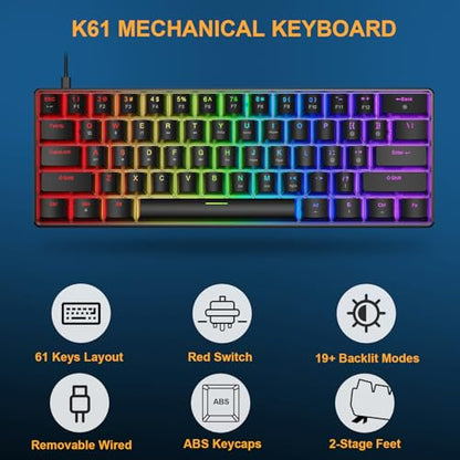 BlueFinger 60% Mechanical Gaming Keyboard and Mouse Combo - RGB Rainbow Backlit 61 Keys Red Switch Keyboard & 4 DPI LED Gaming Mouse, USB Wired Set for PC Laptop Xbox PS4 PS5, Black - color: Black