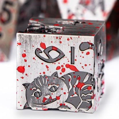 Metal DND Cat Dice Polyhedral RPG Dice Set with Gift Case for Dungeons Dragons Role Playing Game, 7PCS D and D Dice D6 D8 D10 D12 D20 D% (Blood) - color: Cat-ancient Silver+blood