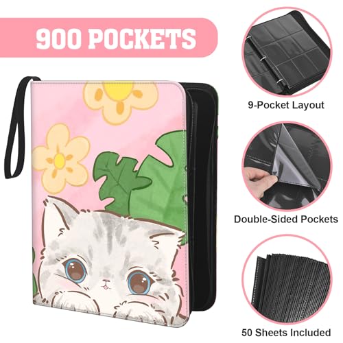 Trading Card Binder for TCG, 900 Pockets, 9-Pocket Top-Loading Pages, 3-Ring Zippered Album, Acid-Free PVC-Free, Fits Standard 2.5" x 3.5", PU Cover with Wrist Strap, Cute Cat Design - color: Cute Cat Garden
