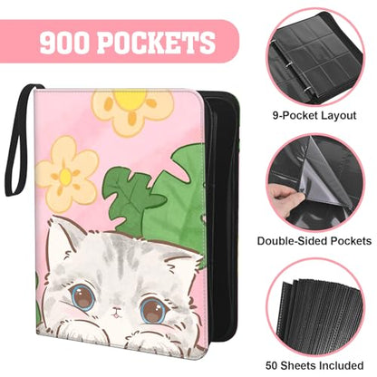 Trading Card Binder for TCG, 900 Pockets, 9-Pocket Top-Loading Pages, 3-Ring Zippered Album, Acid-Free PVC-Free, Fits Standard 2.5" x 3.5", PU Cover with Wrist Strap, Cute Cat Design - color: Cute Cat Garden