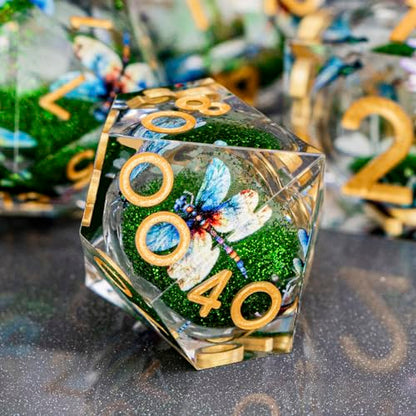 DND Dragonfly Dice 7PCS Polyhedral Sharp Edge Dice Set with Gift Case for Dungeons Dragons Role Playing Game, RPG Resin D and D Dice D6 D8 D10 D12 D20 D% (Gold Green) - color: Qt-gold Green