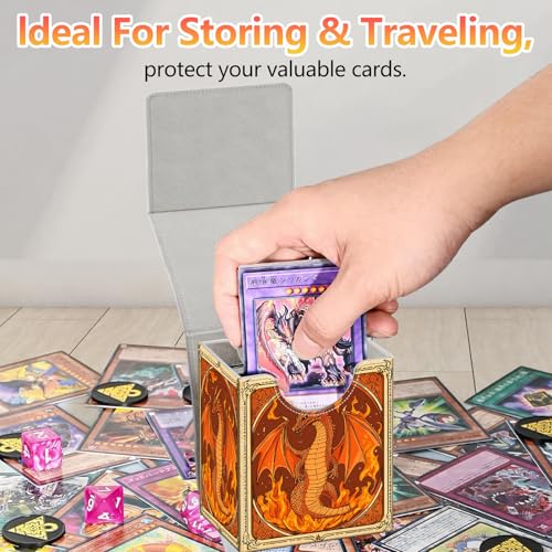 Card Deck Box, Card Storage Box Fits 100+ Single Sleeved Cards, Large Capacity PU Leather Card Storage Box with Strong Magnet for Magic Commander TCG/CCG, Dragon Fire - color: Dragon Fire