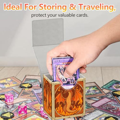 Card Deck Box, Card Storage Box Fits 100+ Single Sleeved Cards, Large Capacity PU Leather Card Storage Box with Strong Magnet for Magic Commander TCG/CCG, Dragon Fire - color: Dragon Fire
