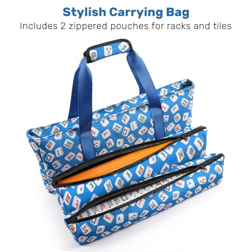 American Mahjong Tile Set, 166 White Tiles & 4 All-in-One Wooden Racks with Pushers, Mah Jongg Game Sets with Blue Mahjong-Themed Carrying Bag - color: Blue