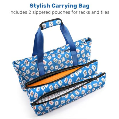 American Mahjong Tile Set, 166 White Tiles & 4 All-in-One Wooden Racks with Pushers, Mah Jongg Game Sets with Blue Mahjong-Themed Carrying Bag - color: Blue