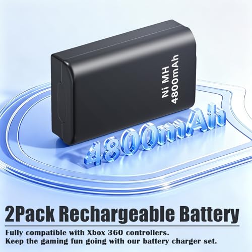 4800mAh Battery Charger Compatible with Xbox 360 Controller Battery Pack | 2Pcs Remote Rechargeable Batteries + Dual Charging Station Dock with LED Indicator, Fast Charging 2 Battery At Once
