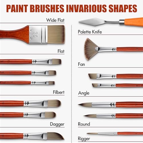 14pcs Acrylic Paint Brushes, Professional Synthetic Bristles Paint Brush Set with Extra Palette Knife - Flat, Filbert, Fan, Dagger, Round, Angle, Rigger Paint Brushes for Oil, Acrylic Canvas Paintings - color: Yellow
