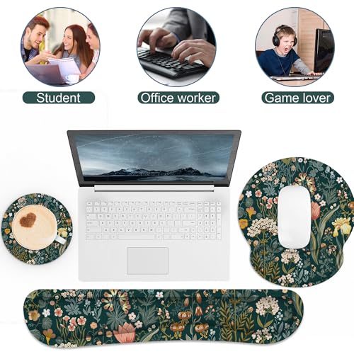 Ergonomic Mouse Pad with Wrist Rest and Keyboard Wrist Rest, Mousepad and Wrist Rest for Computer Keyboard, Pain Relief, Non-Slip Rubber Base, Mouse Pad Wrist Support for Gaming, Green Flowers - color: Green Flowers