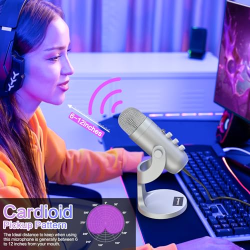 ZealSound Podcast Microphone for PC, Noise Cancellation USB Mic with Gain, Volume Adjustment & Mute Button, Monitoring & Echo, for YouTube, TikTok, Podcasting, Streaming, iPhone, iPad, Android(Silver) - color: Silver