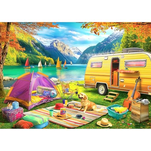 1000 Pieces Puzzles for Adults, Charming Outdoor Mountain Lake Camping Jigsaw Puzzle for Family Fun Decoration, Gifts, Party Game, Finished Size 27.5" x 19.7" - color: Color-mountain Lake Camping, size: 27.5" X 19.7"