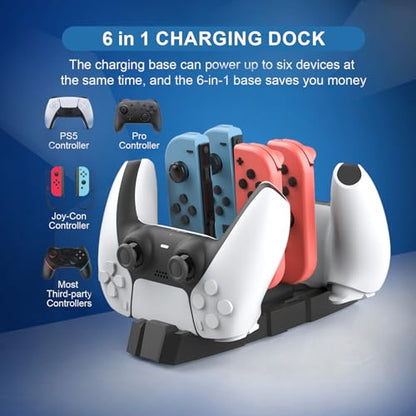 Switch Controller Charger Station for Nintendo Switch & OLED, Pro Charging Dock for JoyCon/Pro/ PS5 Controller/Xbox, 6 in 1 Charging Stand Accessories for Nintendo Gamepad, Black