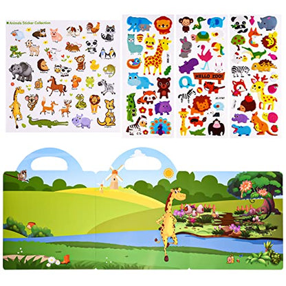 ASTARON Reusable Sticker Book for Toddlers, 88 Pcs Animal Stickers Road Trip Activities Car Airplane Activities Travel Toys for Kids, Kids Quiet Time Activities (3-6 Age) - style: Animals